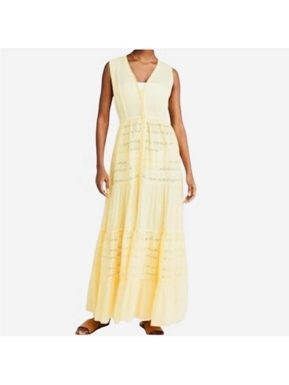 Playa Lucila Eyelet Lightweight Sleeveless Yellow Maxi Dress